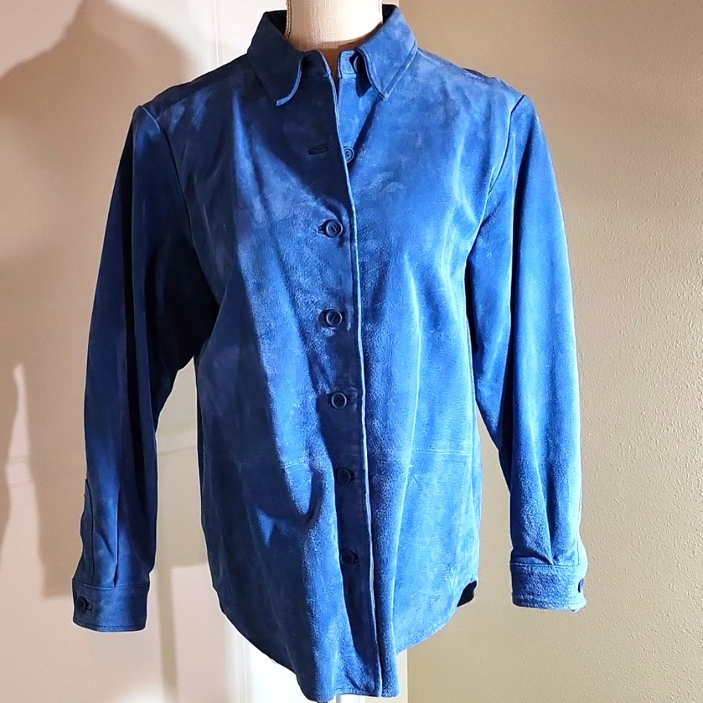 bagatelle Blue Suede Button-Front Leather Jacket